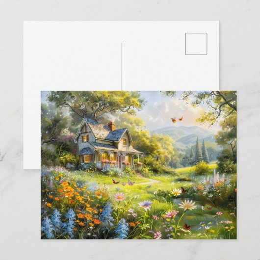 Zomer huisje met Wildflower Meadow Briefkaart (Voorkant / Achterkant)