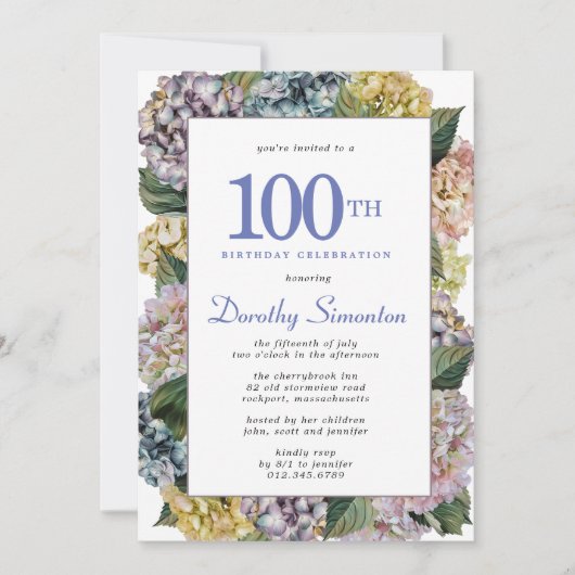 Zomer Hydrangea 100th Birthday Party Kaart (Voorkant)
