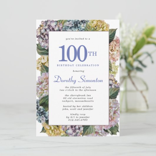 Zomer Hydrangea 100th Birthday Party Kaart (Staand voorkant)