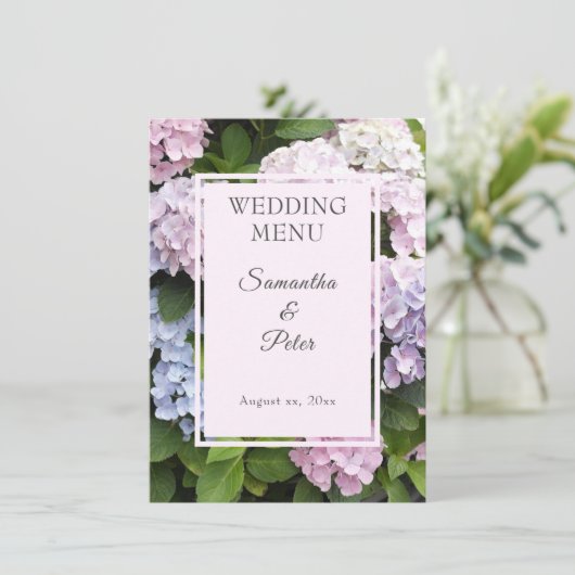 Zomer Hydrangea Bloesems Wedding Menu (Staand voorkant)