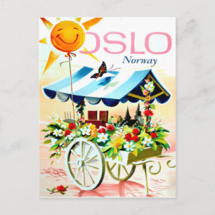 Zomer in Oslo, Noorwegen. Bloemenkar en gelukkige  Briefkaart