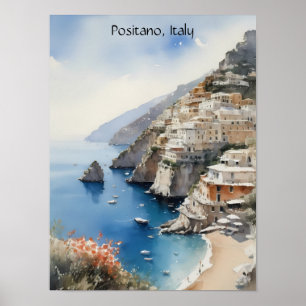 Zomer in Positano Italië Aquarel Illustratie Poster