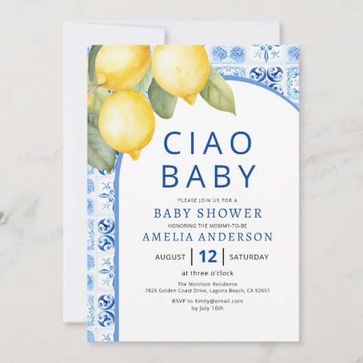 Zomer Italiaans Blauw Tegels Citroen Baby shower Kaart (Voorkant)