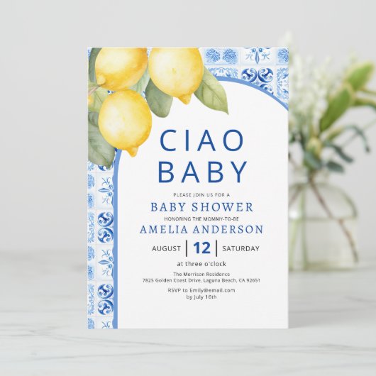 Zomer Italiaans Blauw Tegels Citroen Baby shower Kaart (Staand voorkant)