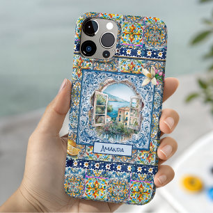 zomer Italiaans bloemmotief blauwe tegels citrus m iPhone 15 Case
