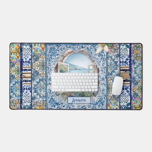 zomer italiaans florale blauwe tegels citrus monog bureaumat (Keyboard & Muis)