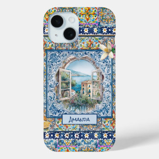 zomer italiaans florale blauwe tegels citrus monog iPhone 15 case
