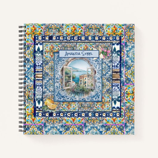 zomer italiaans florale blauwe tegels citrus monog notitieboek (Voorkant)