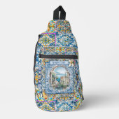 zomer italiaans florale blauwe tegels citrus monog sling bag (Voorkant)