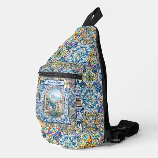 zomer italiaans florale blauwe tegels citrus monog sling bag (Rechterhoek)
