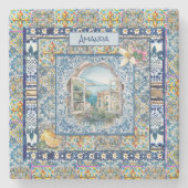 zomer italiaans florale blauwe tegels citrus monog stenen onderzetter (Voorkant)