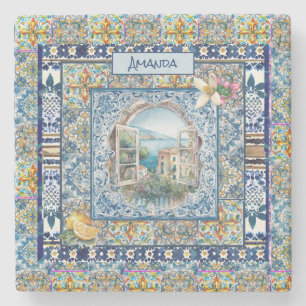 zomer italiaans florale blauwe tegels citrus monog stenen onderzetter