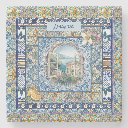 zomer italiaans florale blauwe tegels citrus monog stenen onderzetter (Voorkant)
