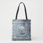 zomer italiaans florale blauwe tegels citrus monog tote bag (Voorkant)