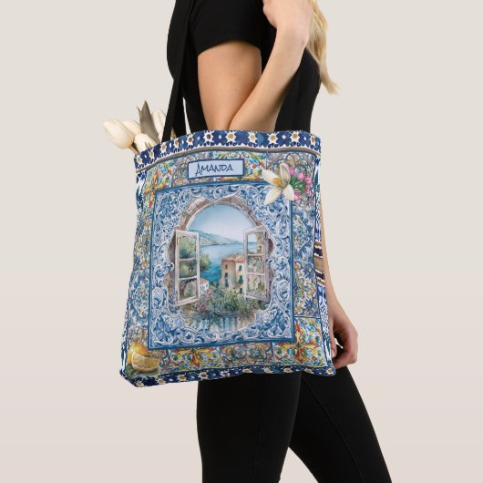zomer italiaans florale blauwe tegels citrus monog tote bag (Dichtbij)