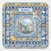 zomer italiaans florale blauwe tegels citrus monog vierkante sticker (Voorkant)