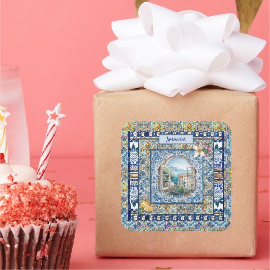 zomer italiaans florale blauwe tegels citrus monog vierkante sticker (Feest)