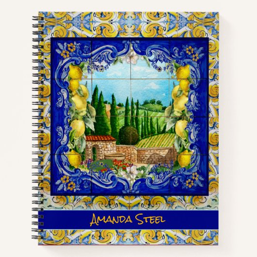 zomer italiaanse Majolica blauw tegels citrus mono Notitieboek (Voorkant)