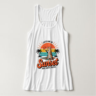 Zomer Kat Retro Zonsondergang - Schattige Strand K Tanktop