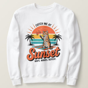 Zomer Kat Retro Zonsondergang Strand Design Trui