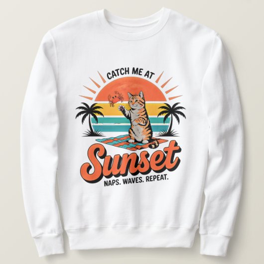 Zomer Kat Retro Zonsondergang Strand Design Trui (Design voorkant)
