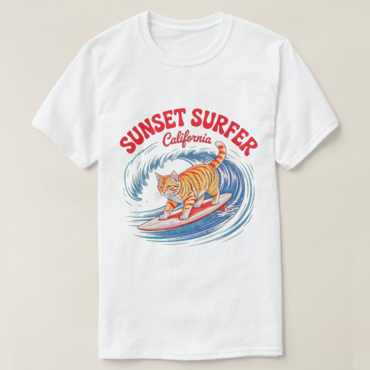 Zomer Kat Surfer – Cali Sunset T-Shirt (Design voorkant)