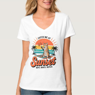 Zomer Kat Zonsondergang Retro Strand Sfeer Dames T-shirt