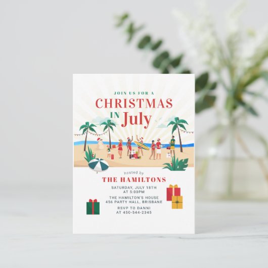 Zomer Kerstmis in uitnodiging van juli (Staand voorkant)