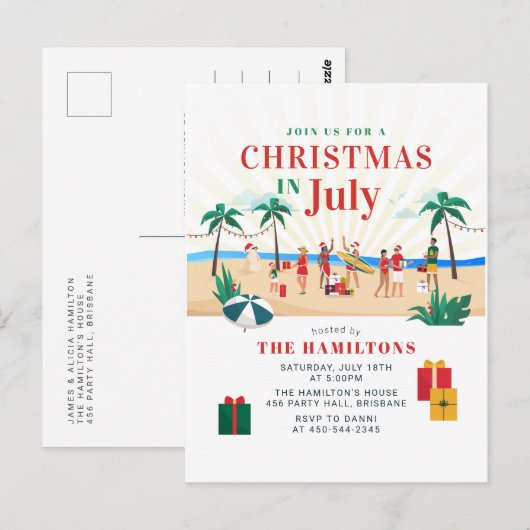Zomer Kerstmis in uitnodiging van juli (Voorkant / Achterkant)