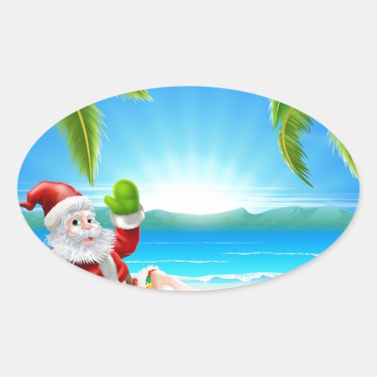 Zomer Kerstmis Santa Beach Scène Ovale Sticker (Voorkant)