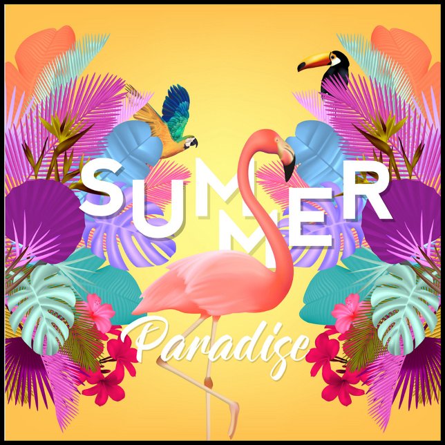 Zomer kleuren kussen (A vibrant summer-themed graphic design features a flamingo as the central element.)