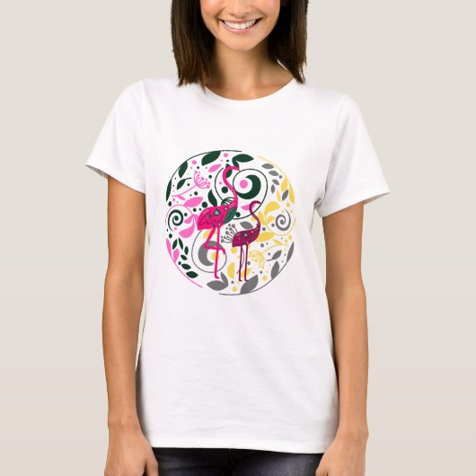 Zomer Kleurrijke Flamingo Circle Leaf Dames T-shirt (Voorkant)