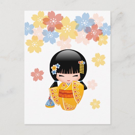 Zomer Kokeshi Doll - Geel Kimono Beste Wensen Briefkaart (Voorkant)