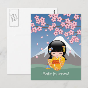 Zomer Kokeshi Doll - Gele Kimono Veilige Reis Briefkaart