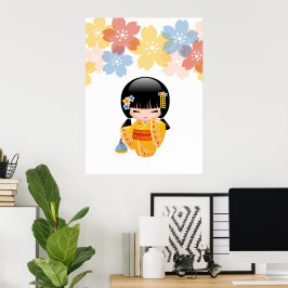 Zomer Kokeshi-pop - Geisha-meisje in gele kimono Poster