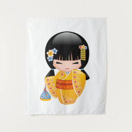 Zomer Kokeshi-pop - Geisha-meisje in gele kimono Wandkleed