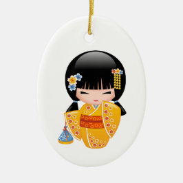 Zomer Kokeshi-pop - Gele Kimonomeisje Keramisch Ornament