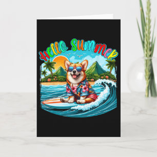 Zomer Kostuum Corgi Zonnebril Surft Op Strand Surf Kaart