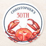 Zomer krab 30th Birthday Beach Party Ronde Kartonnen Onderzetter<br><div class="desc">Viel je 30e verjaardag deze zomer met deze op het strand geïnspireerde papieren onderzetters. Het ontwerp kenmerkt grote waterverf krab en klantgerichte teksten. Zoek overeenkomende producten in mijn Crab Summer Beach Party Collectie.</div>