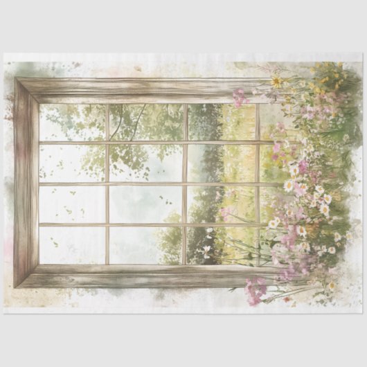 Zomer Landschap & Hout Venster AN6 Decoupage Tissuepapier (Voorkant)