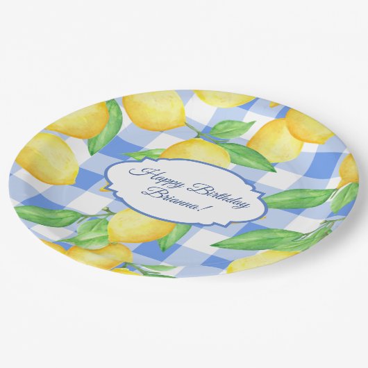 Zomer Lemon Gingham Verjaardag Papieren Bordje (Gekanteld)