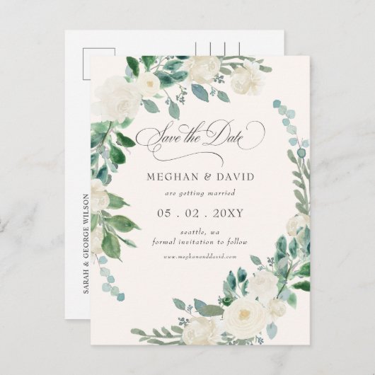 Zomer lente Ivoor Bloemen Groen Save the Date Aankondigingskaart (Voorkant / Achterkant)