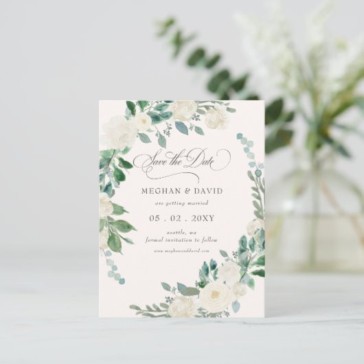 Zomer lente Ivoor Bloemen Groen Save the Date Aankondigingskaart (Staand voorkant)