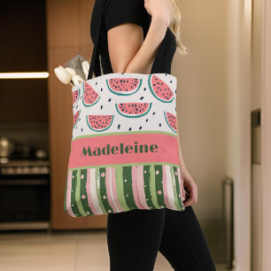 Zomer Leuk Roze Groene Watermeloen Strepen Monogra Tote Bag