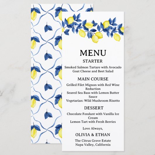 Zomer Limoen Mediterraan Trouwmenu Menu (Voorkant / Achterkant)