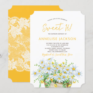 Zomer madeliefjes geel en wit kant sweet sixteen kaart