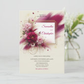 Zomer magenta bloemen en faux gouden lijst bruilof kaart (Staand voorkant)