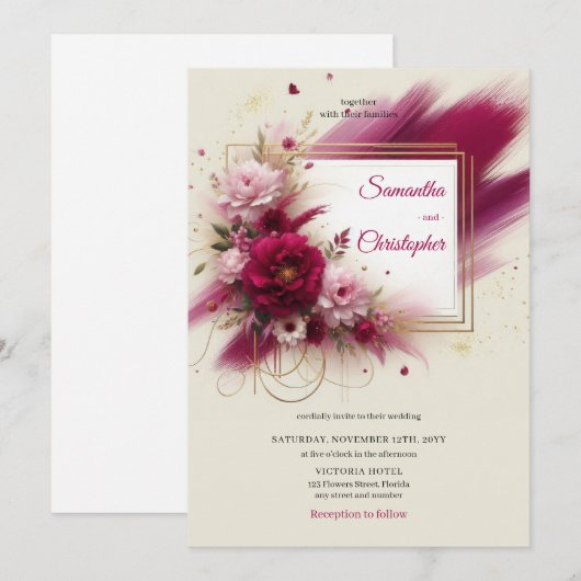 Zomer magenta bloemen en faux gouden lijst bruilof kaart (Voorkant / Achterkant)