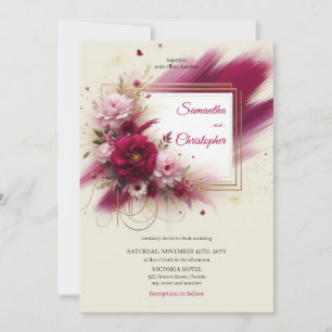Zomer magenta bloemen en faux gouden lijst bruilof kaart