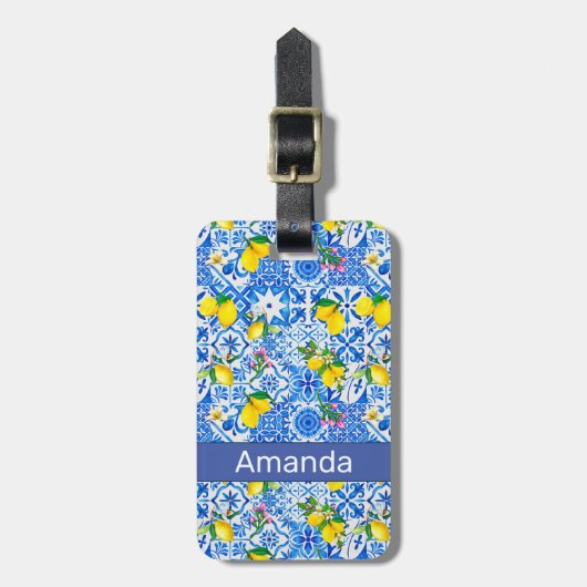 Zomer majolica blauw Siciliaanse citrus Mediterraa Bagagelabel (Voorkant verticaal)